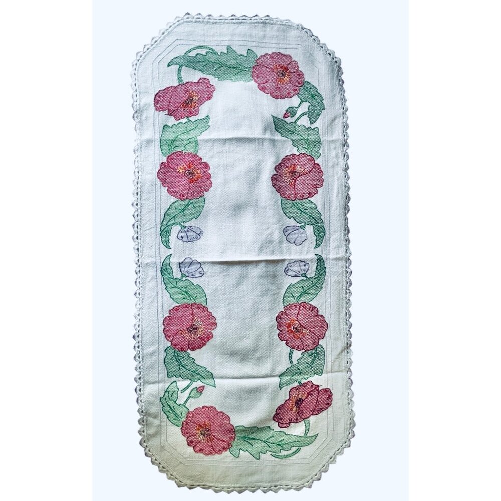 Vintage Embroidered Table Centerpiece With Floral Design & Crocheted Trim 37.5"